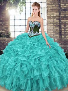 Turquoise Sweetheart Neckline Embroidery and Ruffles Quinceanera Dresses Sleeveless Lace Up