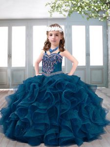 Superior Ball Gowns Kids Formal Wear Teal Straps Organza Sleeveless Floor Length Lace Up