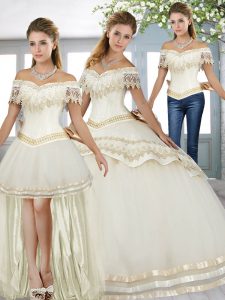 Glorious Beading and Lace Sweet 16 Quinceanera Dress White Lace Up Short Sleeves Floor Length