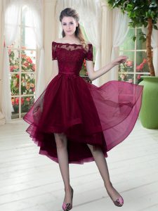 Amazing Short Sleeves Lace Up High Low Lace Prom Party Dress