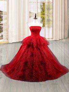 Wine Red Lace Up Strapless Lace and Ruffles Vestidos de Quinceanera Tulle Sleeveless Brush Train