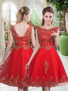 Red A-line Beading and Appliques Prom Party Dress Lace Up Tulle Sleeveless Knee Length