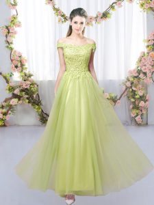 Yellow Green Empire Off The Shoulder Sleeveless Tulle Floor Length Lace Up Lace Vestidos de Damas
