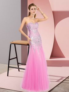 Customized Sleeveless Tulle Floor Length Zipper Prom Dress in Rose Pink with Beading