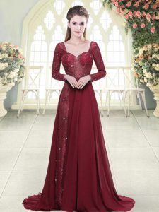 Glittering Burgundy Sweetheart Neckline Beading and Appliques Prom Party Dress Long Sleeves Zipper