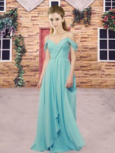 Chiffon Straps Sleeveless Sweep Train Backless Ruching Wedding Guest Dresses in Baby Blue