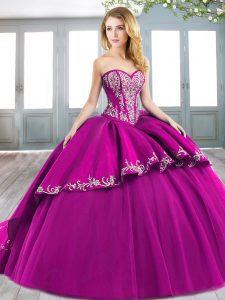Best Selling Fuchsia Tulle Lace Up Quinceanera Gowns Sleeveless Sweep Train Beading and Embroidery