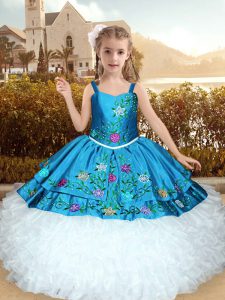 Blue And White Lace Up Pageant Dress for Girls Embroidery and Ruffles Sleeveless Floor Length
