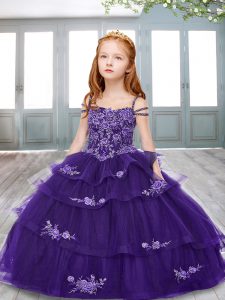 Purple Spaghetti Straps Lace Up Appliques Little Girls Pageant Gowns Sleeveless