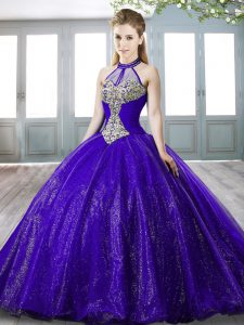 Lovely Sweep Train Ball Gowns 15th Birthday Dress Purple Halter Top Organza Sleeveless Lace Up