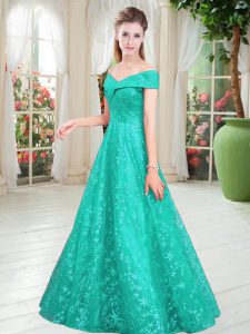 Ideal Off The Shoulder Sleeveless Lace Up Prom Party Dress Turquoise Lace