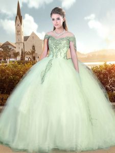 On Sale Beading and Appliques Ball Gown Prom Dress Green Lace Up Cap Sleeves Floor Length