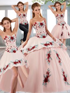 Dramatic Beading and Embroidery Vestidos de Quinceanera Baby Pink Lace Up Sleeveless Sweep Train
