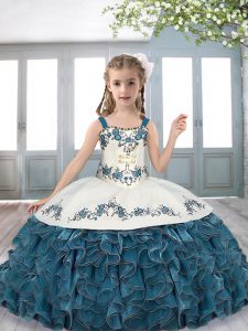 Floor Length Teal Pageant Gowns For Girls Straps Sleeveless Lace Up