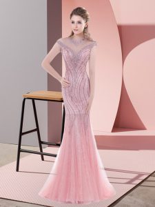 Pink Scoop Neckline Beading and Lace Prom Dress Cap Sleeves Zipper