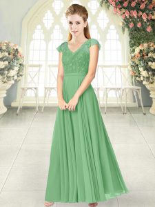 Chiffon V-neck Cap Sleeves Zipper Lace Dress for Prom in Green