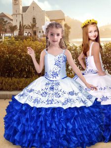 Hot Selling Royal Blue Organza Lace Up Straps Sleeveless Floor Length Kids Pageant Dress Embroidery and Ruffles
