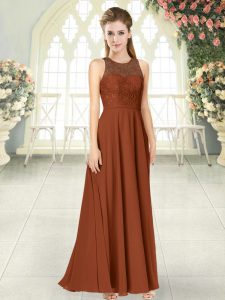 Sleeveless Chiffon Floor Length Backless Dress for Prom in Brown with Lace