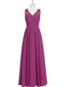 Fuchsia Empire Lace and Ruching Dress for Prom Backless Chiffon Sleeveless Floor Length
