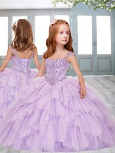 Discount Lilac Ball Gowns Tulle Straps Sleeveless Beading and Ruffles Floor Length Lace Up Pageant Gowns For Girls