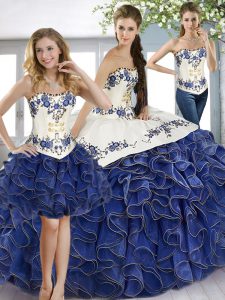 Chic Floor Length Three Pieces Sleeveless Blue And White Quinceanera Dresses Lace Up