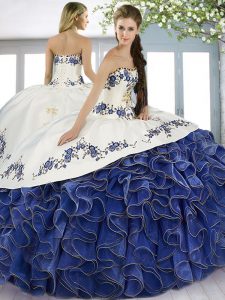 Pretty White and Blue and Blue And White Lace Up Sweetheart Embroidery and Ruffles Quinceanera Gown Satin and Organza Sl