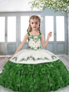 Green Ball Gowns Beading and Embroidery and Ruffles Pageant Dresses Lace Up Organza Sleeveless Floor Length