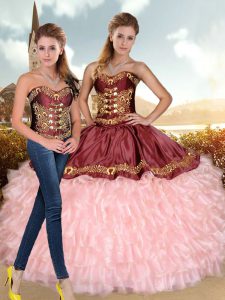 Best Selling Pink Organza Lace Up Sweet 16 Dresses Sleeveless Floor Length Beading and Embroidery and Ruffles