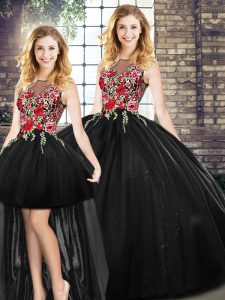Custom Design Sleeveless Floor Length Zipper Quinceanera Dress in Black with Embroidery