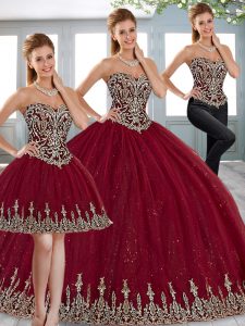 Beading and Appliques Quinceanera Dress Wine Red Lace Up Sleeveless Floor Length
