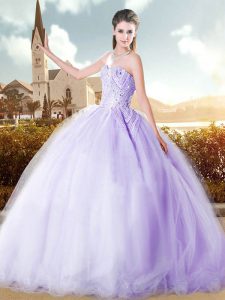 Perfect Sleeveless Floor Length Beading Lace Up 15th Birthday Dress with Lilac