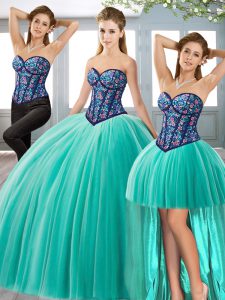 Modern Turquoise Three Pieces Tulle Sweetheart Sleeveless Embroidery Floor Length Lace Up Ball Gown Prom Dress