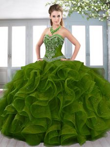 Green Organza Lace Up Sweetheart Sleeveless Floor Length Sweet 16 Dresses Beading and Embroidery and Ruffles