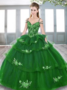 Gorgeous Green Ball Gowns Spaghetti Straps Sleeveless Tulle Floor Length Lace Up Embroidery Sweet 16 Quinceanera Dress