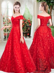 Floor Length Red Prom Evening Gown Off The Shoulder Sleeveless Lace Up