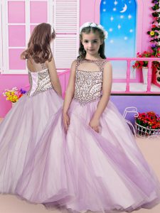 Lilac Sleeveless Floor Length Beading Lace Up Kids Pageant Dress