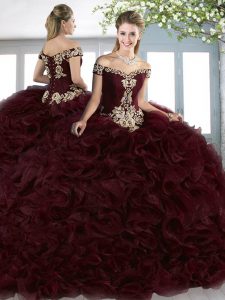 Burgundy Organza Lace Up Sweet 16 Dress Sleeveless Court Train Beading and Appliques and Ruffles