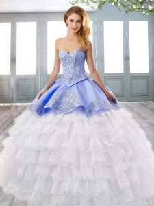 Excellent White And Purple Sweetheart Lace Up Embroidery and Ruffled Layers Quinceanera Gowns Court Train Sleeveless