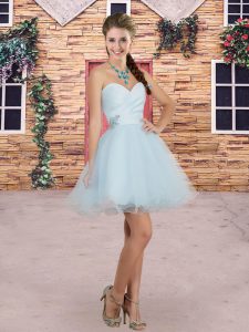 Elegant Light Blue A-line Beading Bridesmaid Dress Lace Up Tulle Sleeveless Mini Length