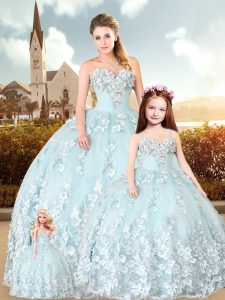 Dazzling Sweetheart Sleeveless Quinceanera Dress Floor Length Appliques Light Blue Tulle