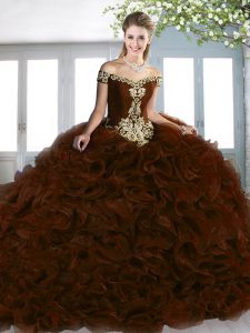 Beautiful Beading and Appliques and Ruffles Lace Up Sweet 16 Dresses with Brown Court Train