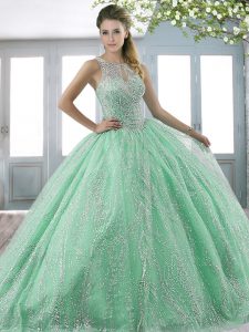 Tulle Scoop Sleeveless Sweep Train Lace Up Beading Quinceanera Dresses in Apple Green