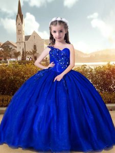 Floor Length Lace Up Girls Pageant Dresses Royal Blue for Party and Wedding Party with Beading and Appliques
