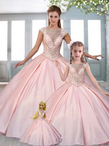 Pink Sweet 16 Quinceanera Dress Military Ball and Sweet 16 and Quinceanera with Beading Scoop Cap Sleeves Sweep Train La