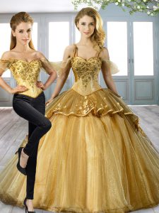Fantastic Organza Spaghetti Straps Sleeveless Sweep Train Lace Up Beading and Appliques Sweet 16 Dresses in Gold