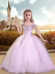 Lilac Lace Up Straps Beading and Appliques Kids Formal Wear Tulle Short Sleeves