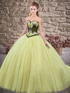 Dazzling Ball Gowns Sleeveless Yellow Green 15th Birthday Dress Sweep Train Lace Up