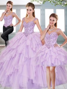 Three Pieces Quinceanera Dresses Lavender Sweetheart Organza Sleeveless Lace Up