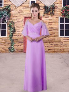 Column/Sheath Quinceanera Court Dresses Lilac Straps Chiffon Half Sleeves Floor Length Zipper