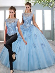 Eye-catching Blue High-neck Neckline Beading and Lace Quince Ball Gowns Sleeveless Lace Up